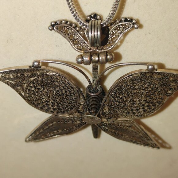 Filigree Butterfly Pendant Wheat Necklace Vintage Sterling Silver 925 From Turke - Picture 4 of 16